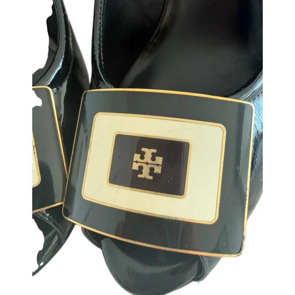 VTG Tory Burch Black Patent Leather Peep Toe Wedge Platform Pumps Women's 10M